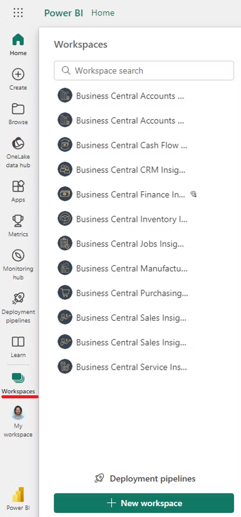 Power BI Workspaces menu