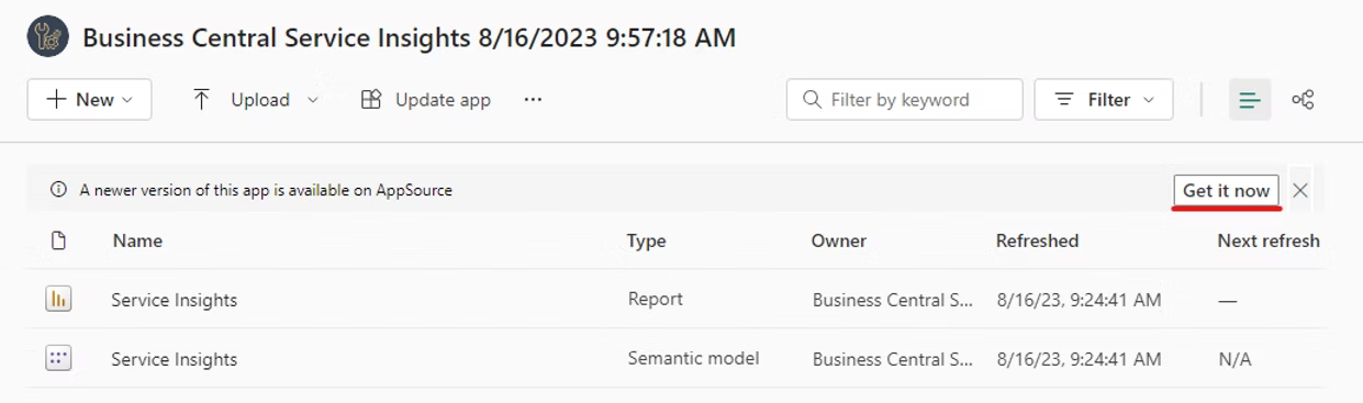 Power BI workspace showing the Get it now update notice