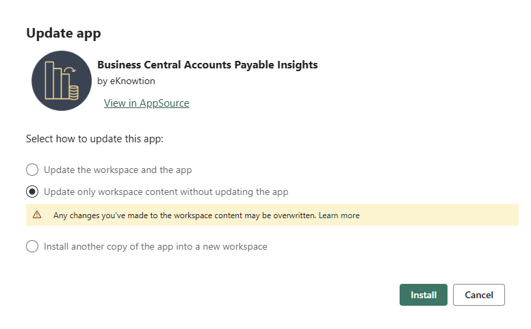 Power BI Update app dialog with Update only workspace content without updating the app selected