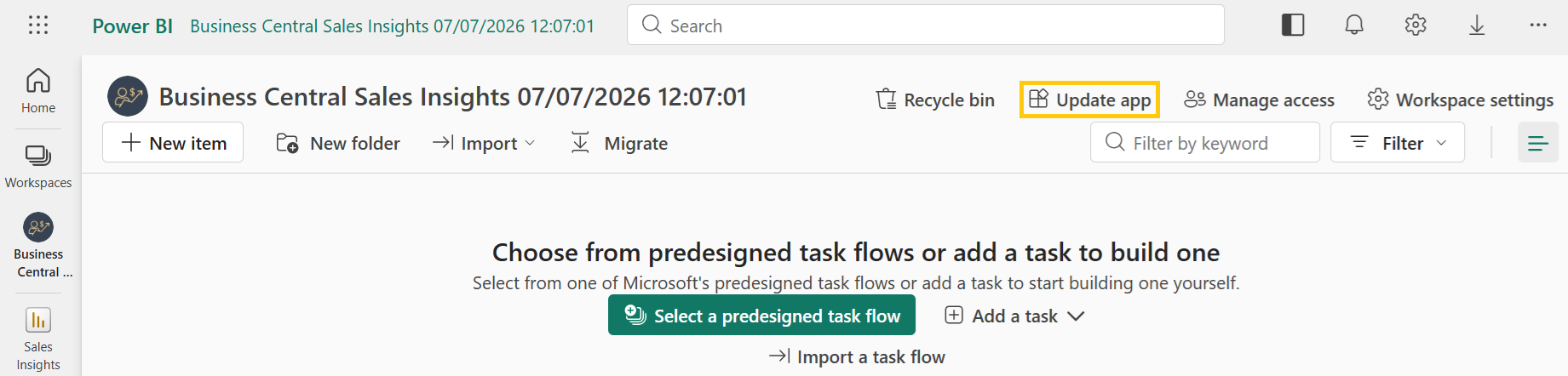 Power BI workspace with Update app button highlighted
